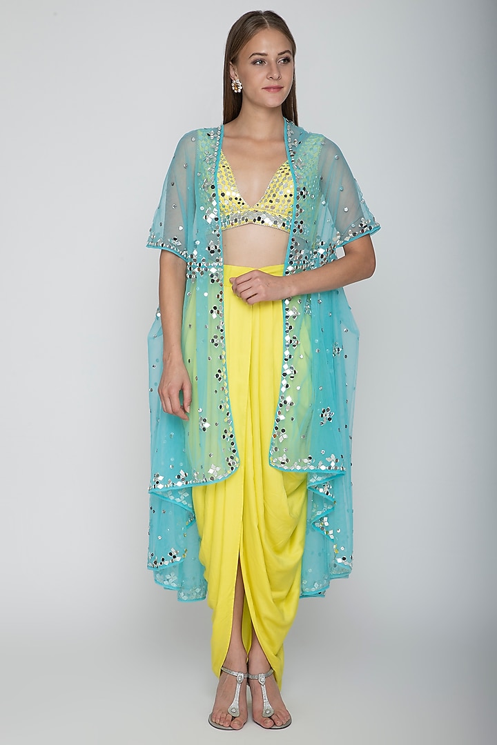 Yellow Embroidered Blouse With Dhoti Skirt & Sky Blue Cape by Preeti S Kapoor at Pernia's Pop Up Shop