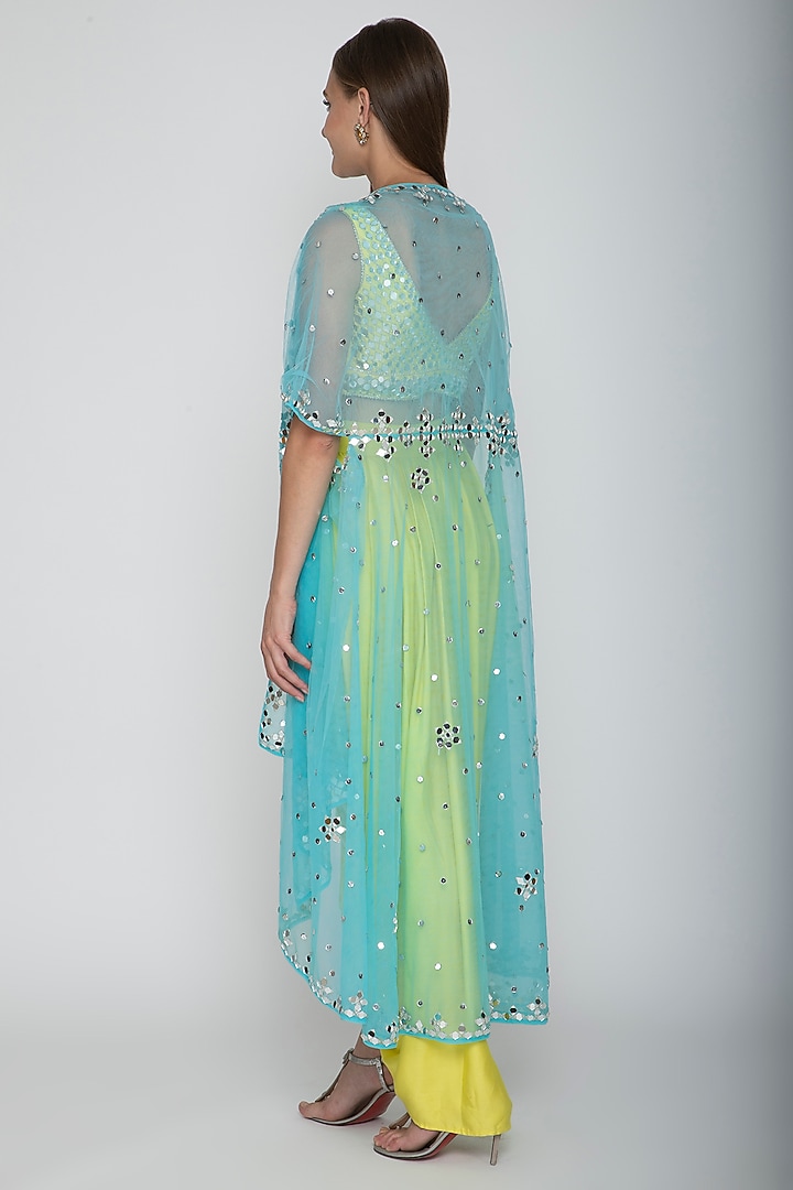 Yellow Embroidered Blouse With Dhoti Skirt & Sky Blue Cape by Preeti S Kapoor at Pernia's Pop Up Shop