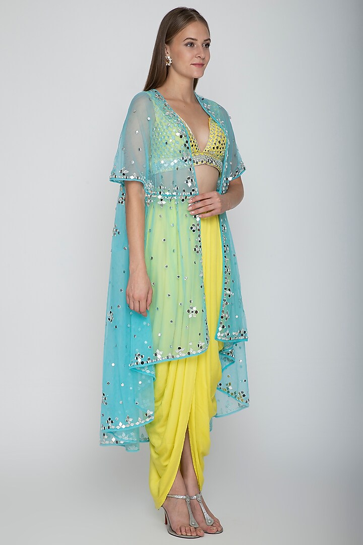 Yellow Embroidered Blouse With Dhoti Skirt & Sky Blue Cape by Preeti S Kapoor at Pernia's Pop Up Shop