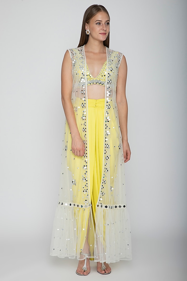 Yellow Embroidered Blouse With Dhoti Skirt & White Cape by Preeti S Kapoor