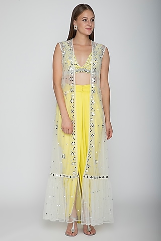 Yellow Embroidered Blouse With Dhoti Skirt & White Cape by Preeti S Kapoor