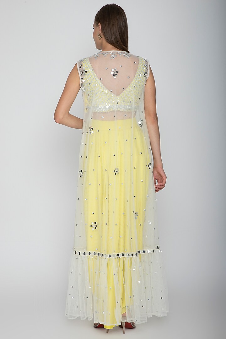 Yellow Embroidered Blouse With Dhoti Skirt & White Cape by Preeti S Kapoor at Pernia's Pop Up Shop