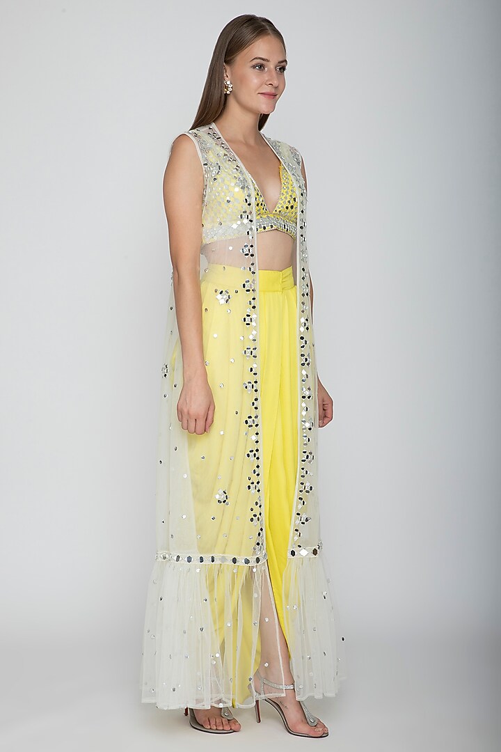 Yellow Embroidered Blouse With Dhoti Skirt & White Cape by Preeti S Kapoor at Pernia's Pop Up Shop