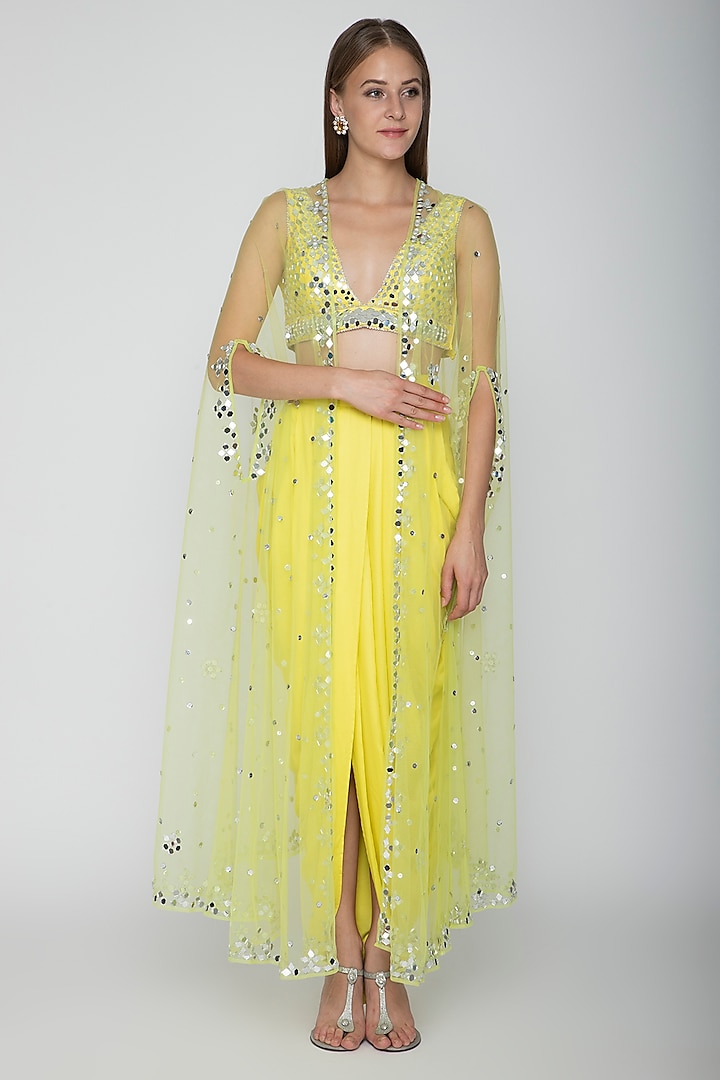 Yellow Embroidered Blouse With Dhoti Skirt & Lime Yellow Cape by Preeti S Kapoor at Pernia's Pop Up Shop