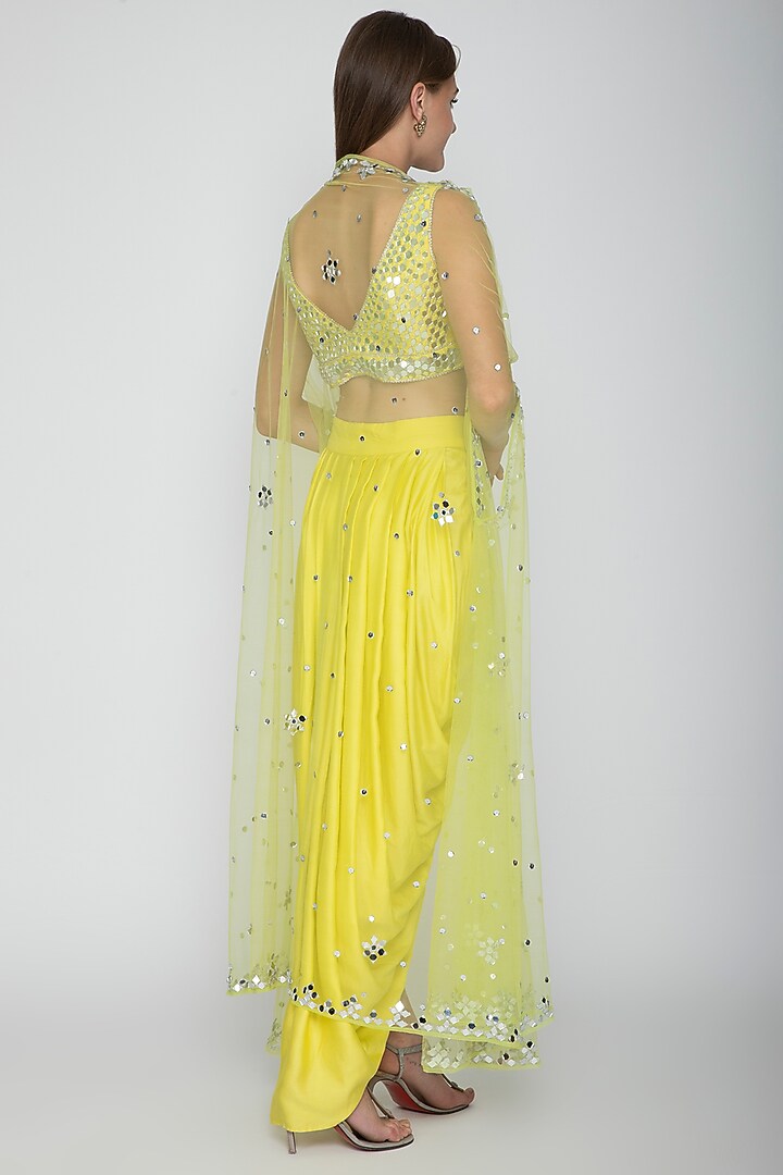 Yellow Embroidered Blouse With Dhoti Skirt & Lime Yellow Cape by Preeti S Kapoor at Pernia's Pop Up Shop