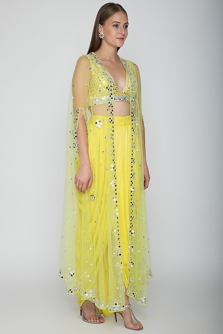 Yellow Embroidered Blouse With Dhoti Skirt & Lime Yellow Cape by Preeti S Kapoor at Pernia's Pop Up Shop