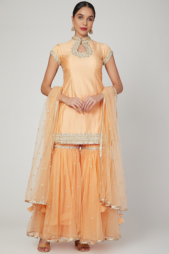 Peach Embroidered & Embellished Gharara Set by Preeti S Kapoor