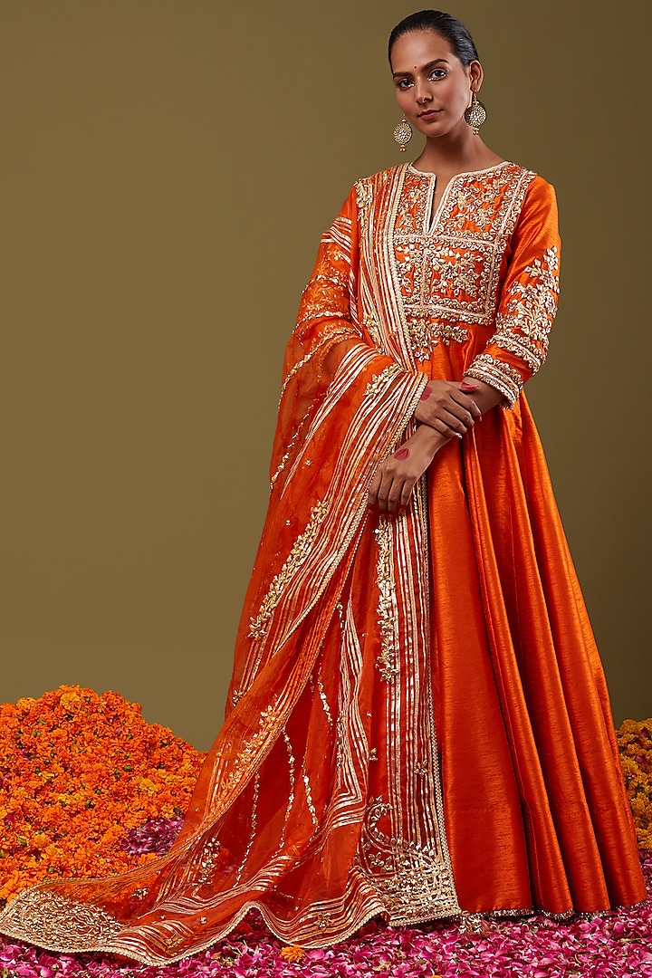 Orange Gota Embroidered Anarkali Set by Preeti S Kapoor