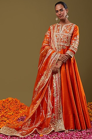 Orange Gota Embroidered Anarkali Set by Preeti S Kapoor