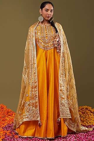 Mustard Yellow Gota Embroidered Anarkali Set by Preeti S Kapoor