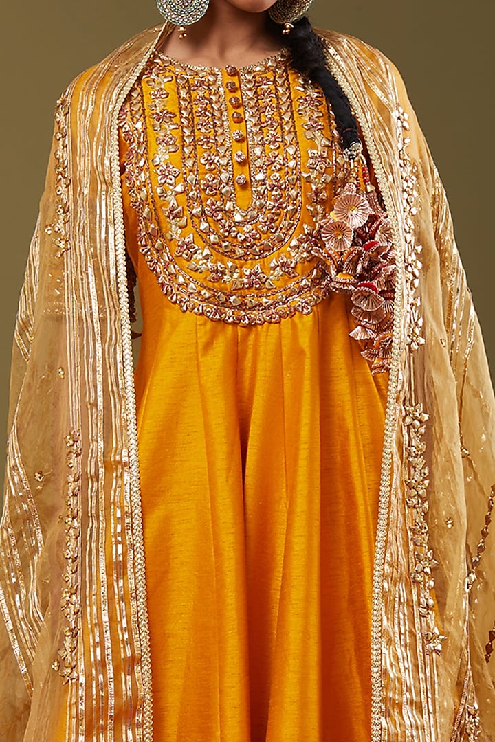 Mustard Yellow Gota Embroidered Wedding Anarkali Set by Preeti S Kapoor at Pernia's Pop Up Shop