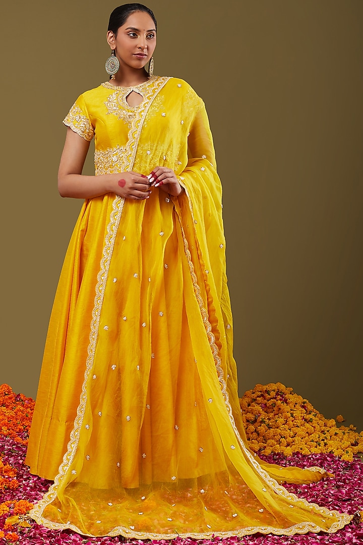Bright Yellow Embroidered Anarkali Set by Preeti S Kapoor