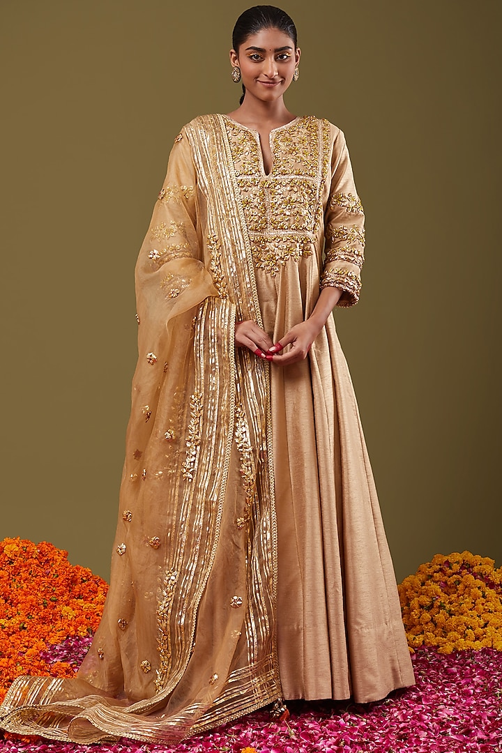 Beige Gota Embroidered Anarkali Set by Preeti S Kapoor