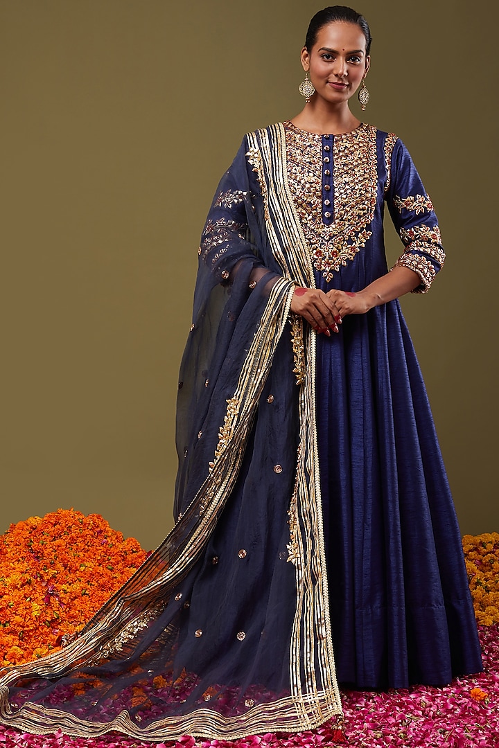 Cobalt Blue Gota Embroidered Anarkali Set by Preeti S Kapoor