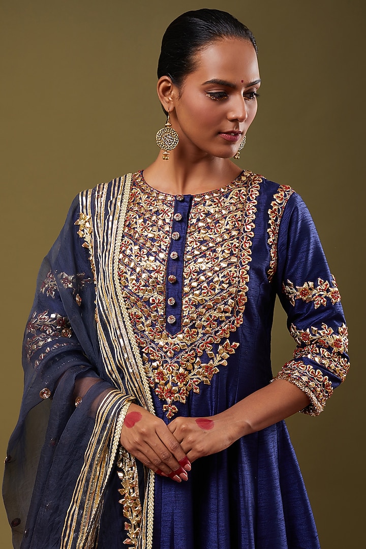 Cobalt Blue Gota Embroidered Wedding Anarkali Set by Preeti S Kapoor at Pernia's Pop Up Shop
