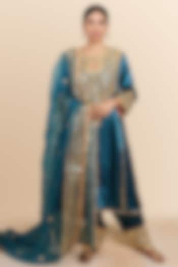 Teal Blue Mashru Silk Gota & Sequins Hand Embroidered Kurta Set by Preeti S Kapoor