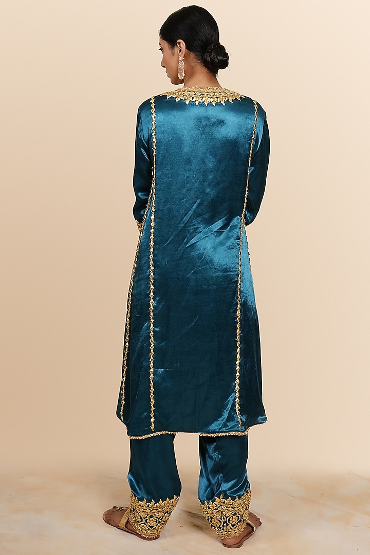 Teal Blue Mashru Silk Gota & Sequins Hand Embroidered Kurta Set by Preeti S Kapoor at Pernia's Pop Up Shop