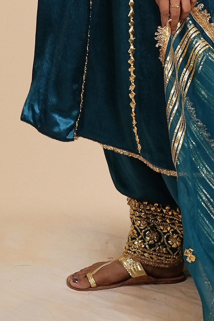 Teal Blue Mashru Silk Gota & Sequins Hand Embroidered Kurta Set by Preeti S Kapoor at Pernia's Pop Up Shop