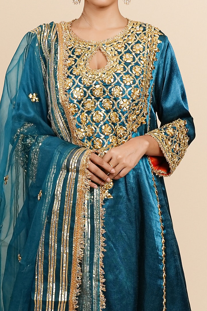 Teal Blue Mashru Silk Gota & Sequins Hand Embroidered Kurta Set by Preeti S Kapoor at Pernia's Pop Up Shop