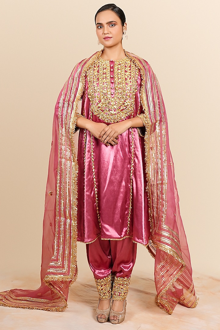 Carnation Pink Mashru Silk Gota & Sequins Hand Embroidered Kurta Set by Preeti S Kapoor
