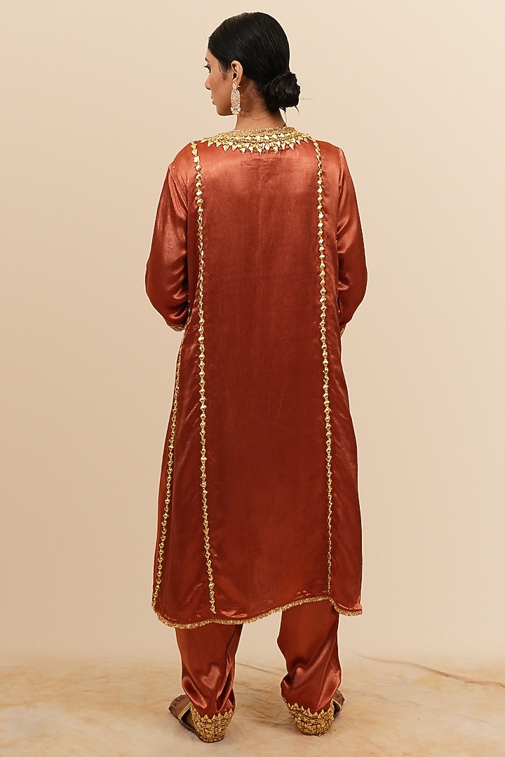 Smoky Amber Mashru Silk Gota & Sequins Hand Embroidered Kurta Set by Preeti S Kapoor at Pernia's Pop Up Shop