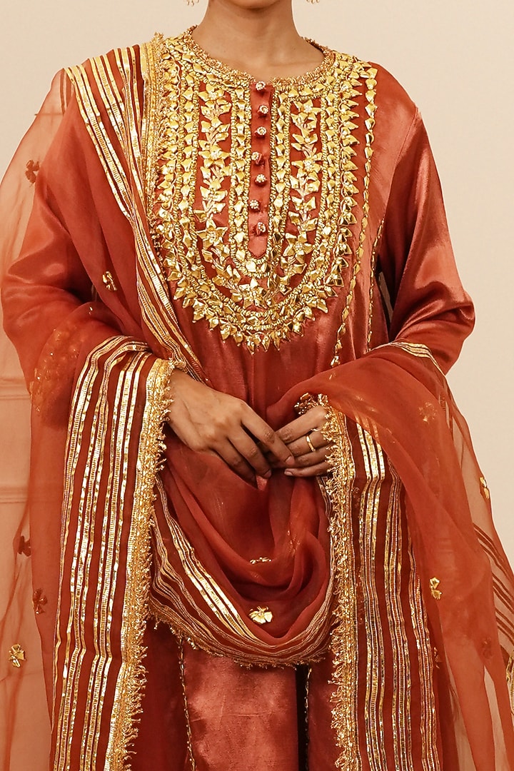Smoky Amber Mashru Silk Gota & Sequins Hand Embroidered Kurta Set by Preeti S Kapoor at Pernia's Pop Up Shop