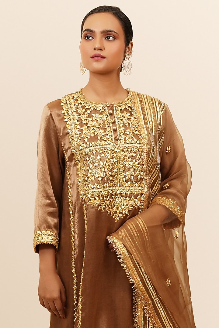 Sepia Brown Mashru Silk Gota & Sequins Hand Embroidered Kurta Set by Preeti S Kapoor at Pernia's Pop Up Shop