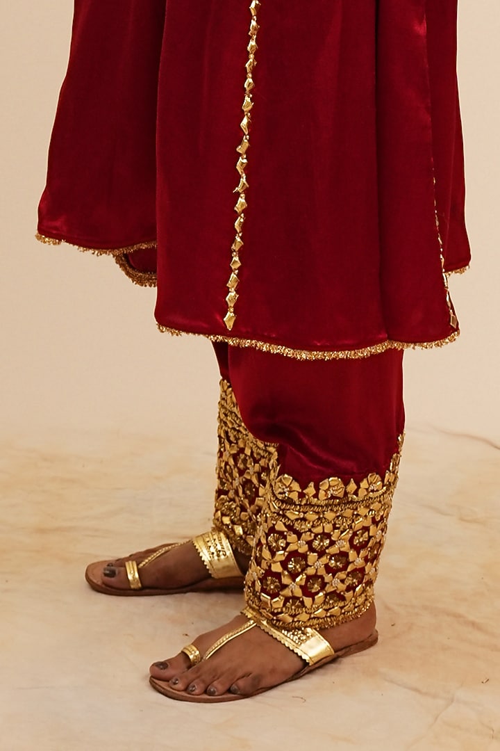 Berry Red Mashru Silk Gota & Sequins Hand Embroidered Kurta Set by Preeti S Kapoor at Pernia's Pop Up Shop