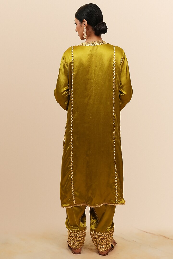 Olive Green Mashru Silk Gota & Sequins Hand Embroidered Kurta Set by Preeti S Kapoor at Pernia's Pop Up Shop