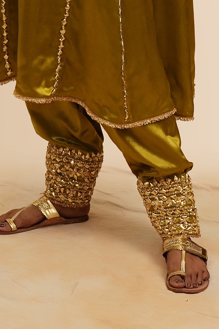 Olive Green Mashru Silk Gota & Sequins Hand Embroidered Kurta Set by Preeti S Kapoor at Pernia's Pop Up Shop