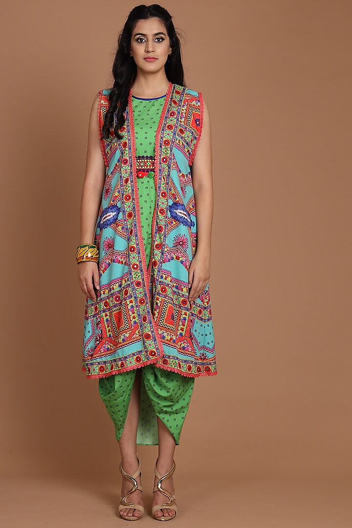 Turquoise & Green Embroidered Jacket Set With Belt by Preeti S Kapoor
