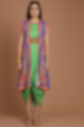 Cobalt Blue & Green Embroidered Jacket Set With Belt by Preeti S Kapoor