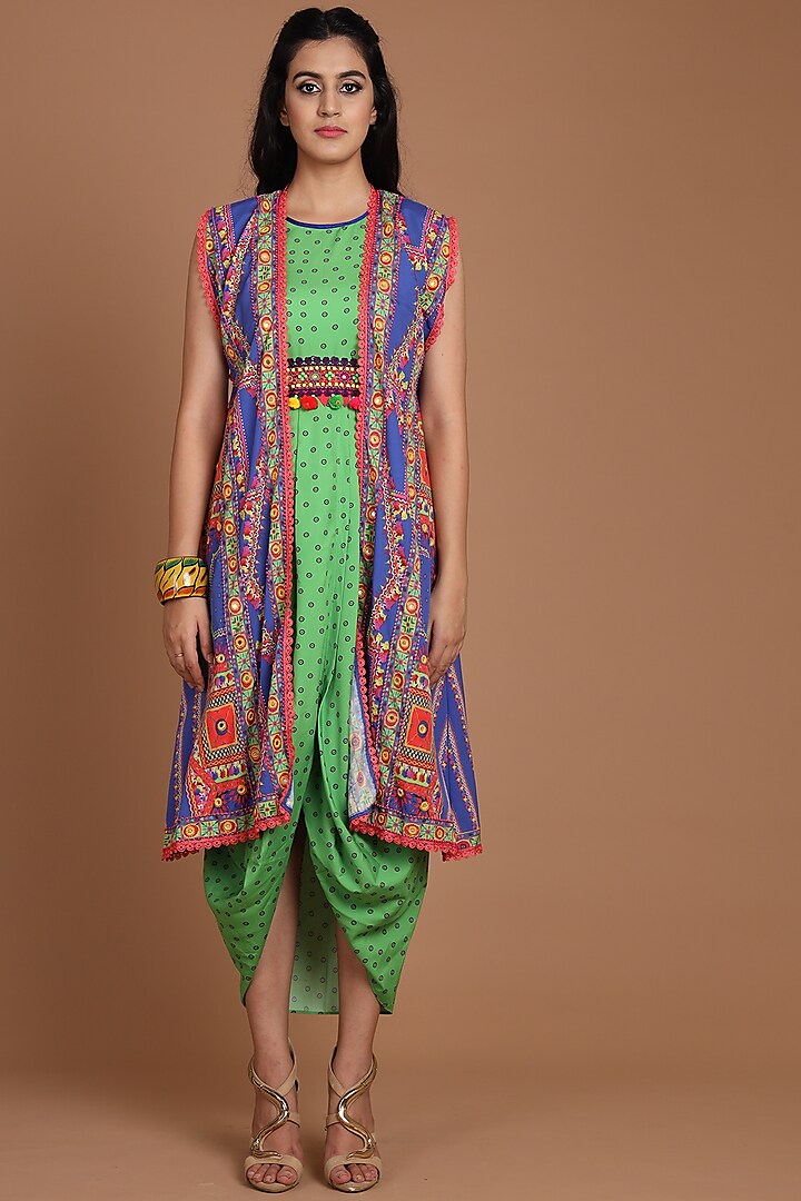 Cobalt Blue & Green Embroidered Jacket Set With Belt by Preeti S Kapoor