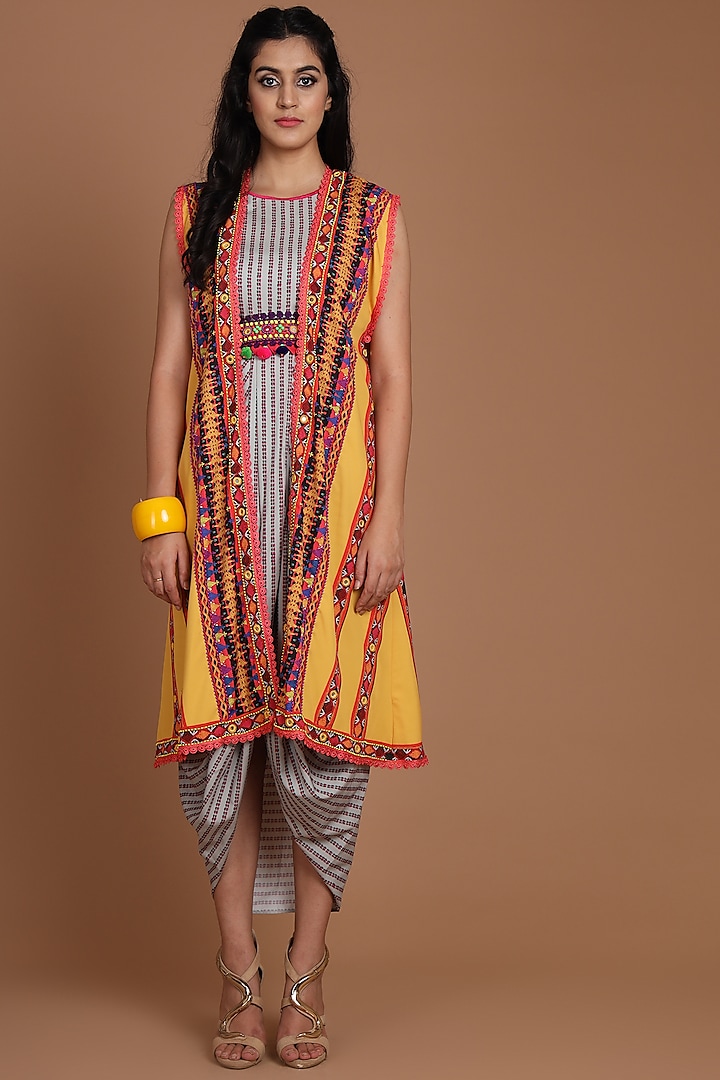 Yellow & Grey Embroidered Jacket Set With Belt by Preeti S Kapoor