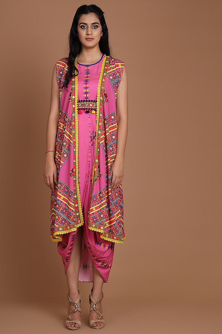Pink Printed & Embroidered Jacket Set With Belt by Preeti S Kapoor