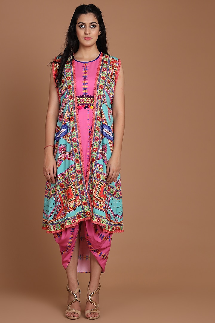 Turquoise & Pink Embroidered Jacket Set With Belt by Preeti S Kapoor