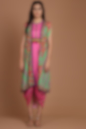Green & Pink Embroidered Jacket Set With Belt by Preeti S Kapoor