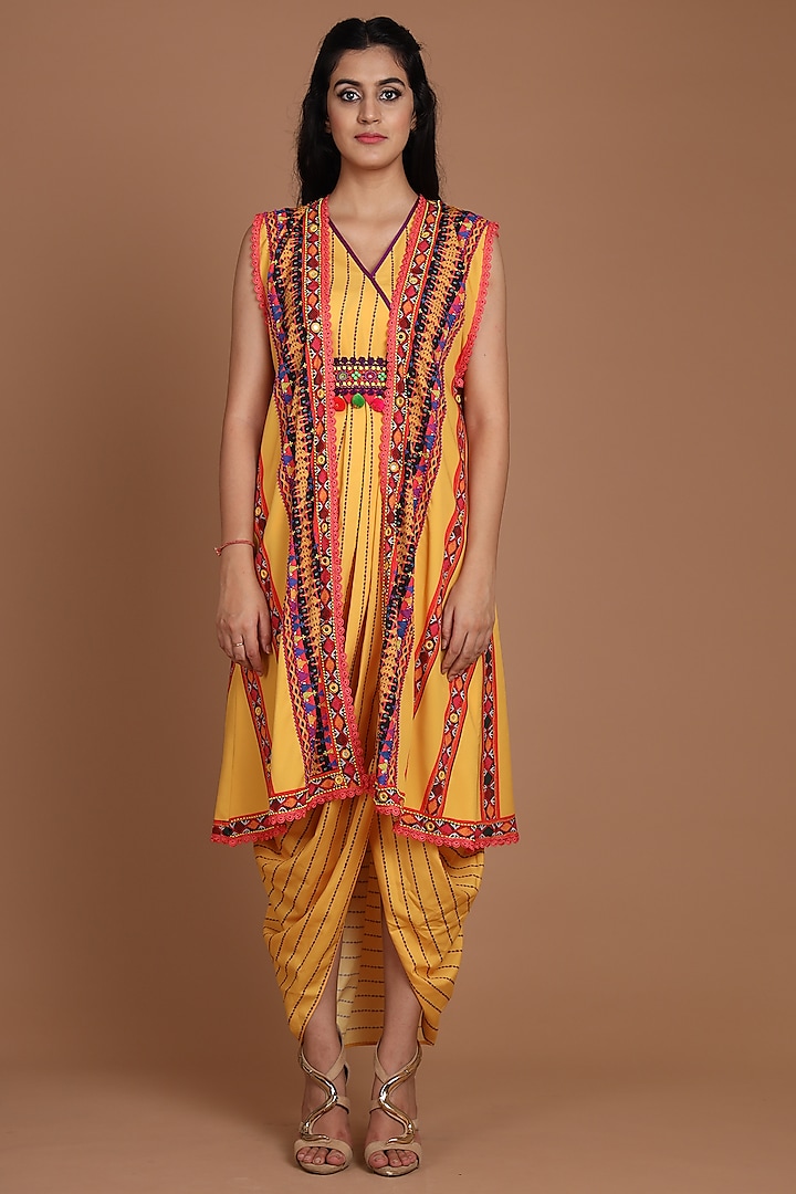 Yellow Embroidered & Printed Jacket Set With Belt by Preeti S Kapoor