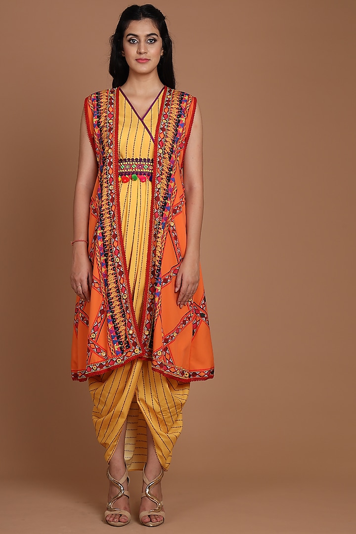 Orange & Yellow Embroidered Jacket Set With Belt by Preeti S Kapoor