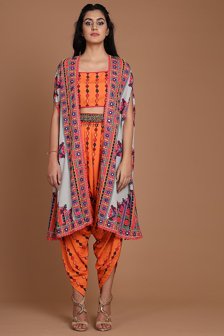 Grey & Orange Embroidered Jumpsuit Set With Belt by Preeti S Kapoor