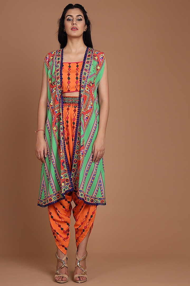 Green & Orange Embroidered Jacket Set With Belt by Preeti S Kapoor