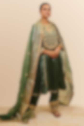 Basil Green Mashru Silk Gota & Sequins Hand Embroidered Wedding Anarkali Set by Preeti S Kapoor at Pernia's Pop Up Shop