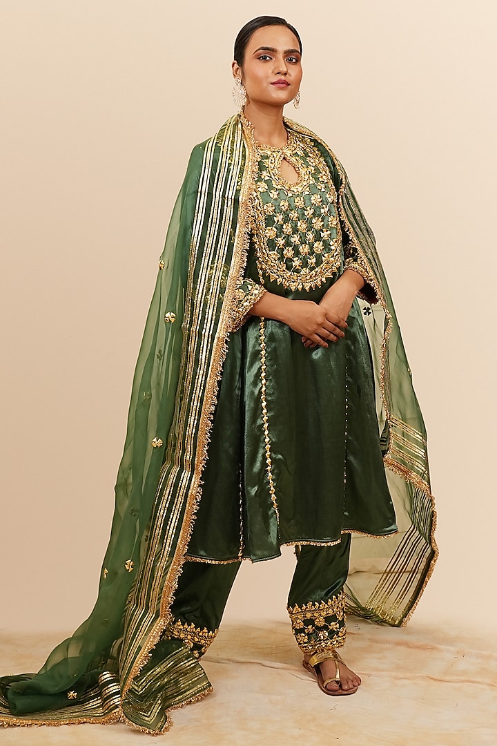 Basil Green Mashru Silk Gota & Sequins Hand Embroidered Wedding Anarkali Set by Preeti S Kapoor at Pernia's Pop Up Shop