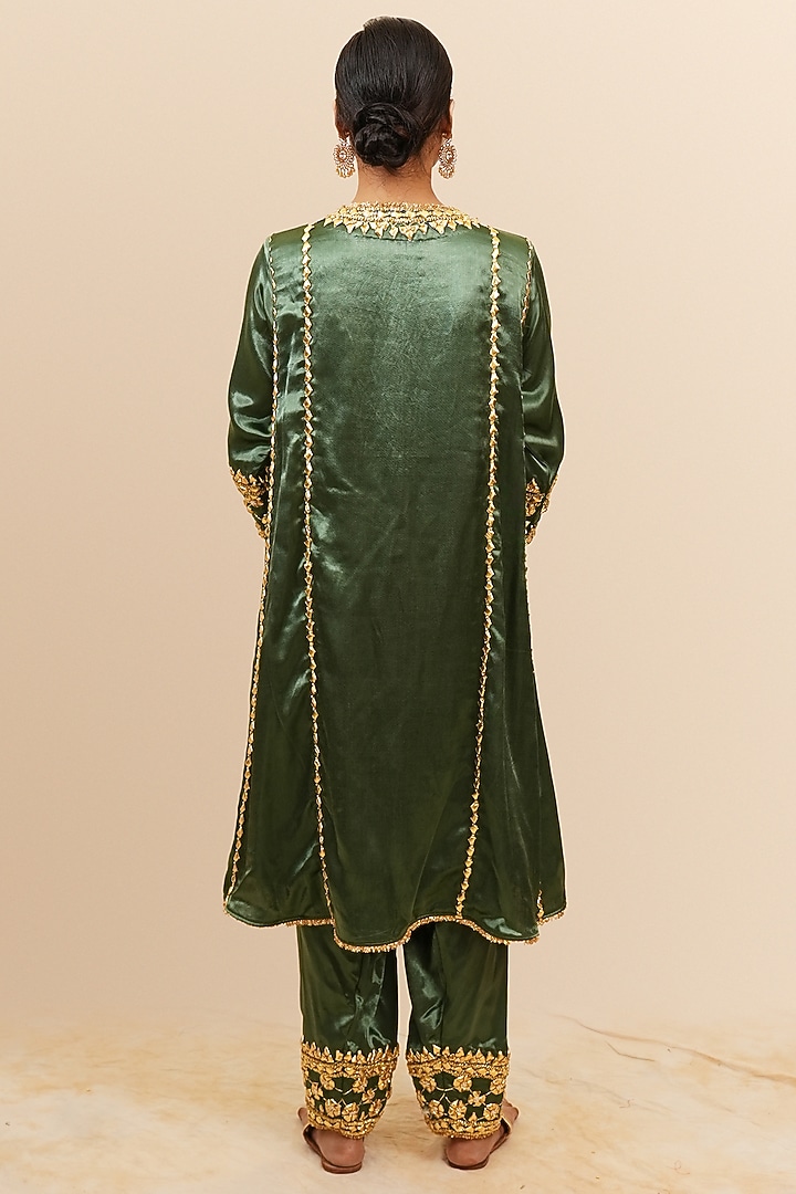 Basil Green Mashru Silk Gota & Sequins Hand Embroidered Wedding Anarkali Set by Preeti S Kapoor at Pernia's Pop Up Shop