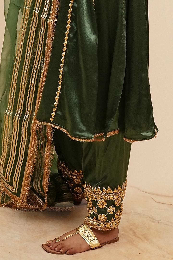 Basil Green Mashru Silk Gota & Sequins Hand Embroidered Wedding Anarkali Set by Preeti S Kapoor at Pernia's Pop Up Shop