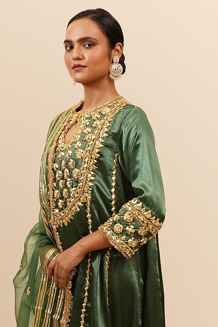 Basil Green Mashru Silk Gota & Sequins Hand Embroidered Wedding Anarkali Set by Preeti S Kapoor at Pernia's Pop Up Shop