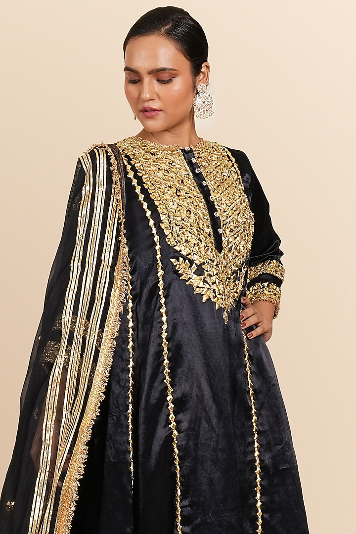 Midnight Mashru Silk Gota & Sequins Hand Embroidered Wedding Anarkali Set by Preeti S Kapoor at Pernia's Pop Up Shop