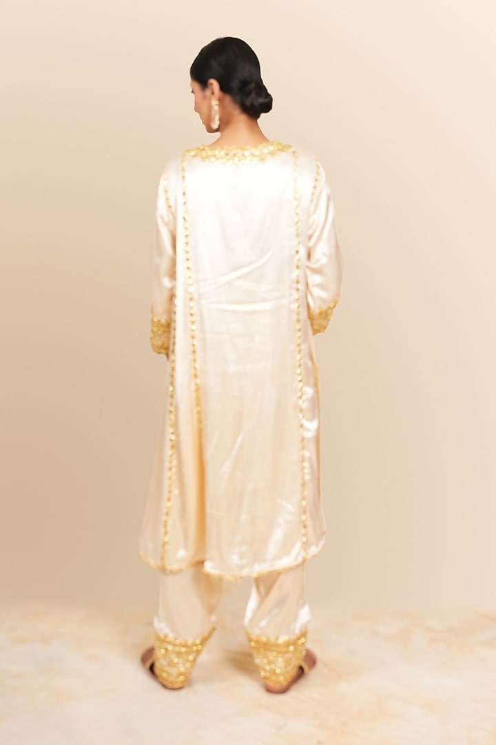 Beige Mashru Silk Gota & Sequins Hand Embroidered A-Line Kurta Set by Preeti S Kapoor at Pernia's Pop Up Shop