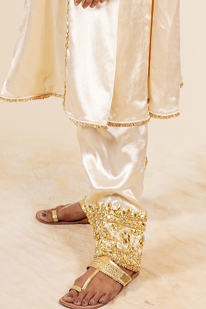 Beige Mashru Silk Gota & Sequins Hand Embroidered A-Line Kurta Set by Preeti S Kapoor at Pernia's Pop Up Shop