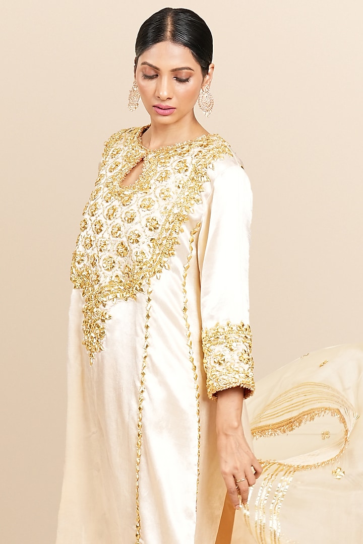Beige Mashru Silk Gota & Sequins Hand Embroidered A-Line Kurta Set by Preeti S Kapoor at Pernia's Pop Up Shop